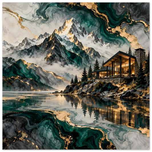 Poster mit Berglandschaft und ruhigem See, grüne Marmoroptik und goldene Akzente, Hütte am Ufer