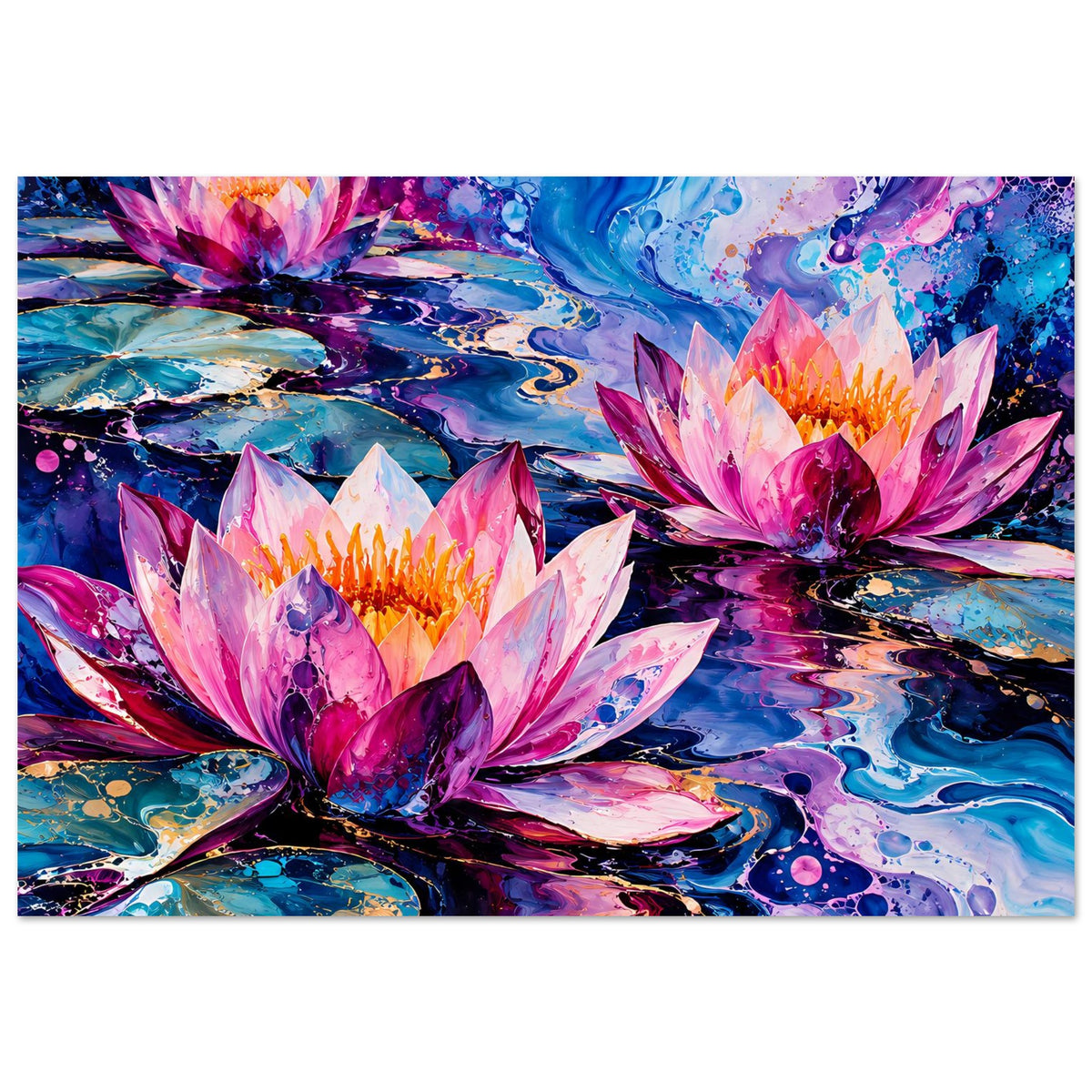 Horizontales Abstraktes Seerosen-Blumenposter mit pinken und blauen Farbwirbeln
