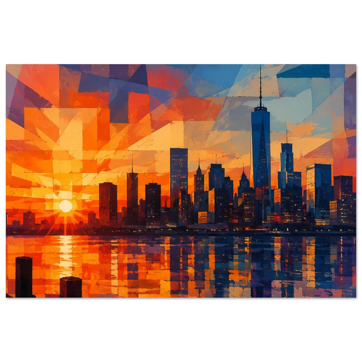 Poster zeigt Skyline mit markantem Turm bei Sonnenuntergang, geometrische Formen, Spiegelung im Wasser