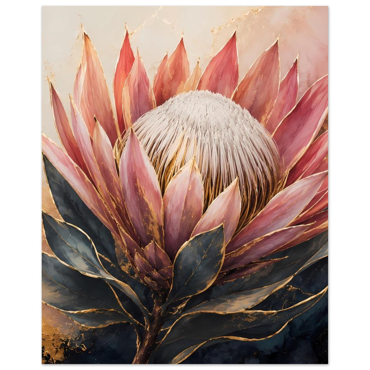Botanisches Poster mit Königsprotea in Altrosa und Gold, zentrierter Blütenkopf