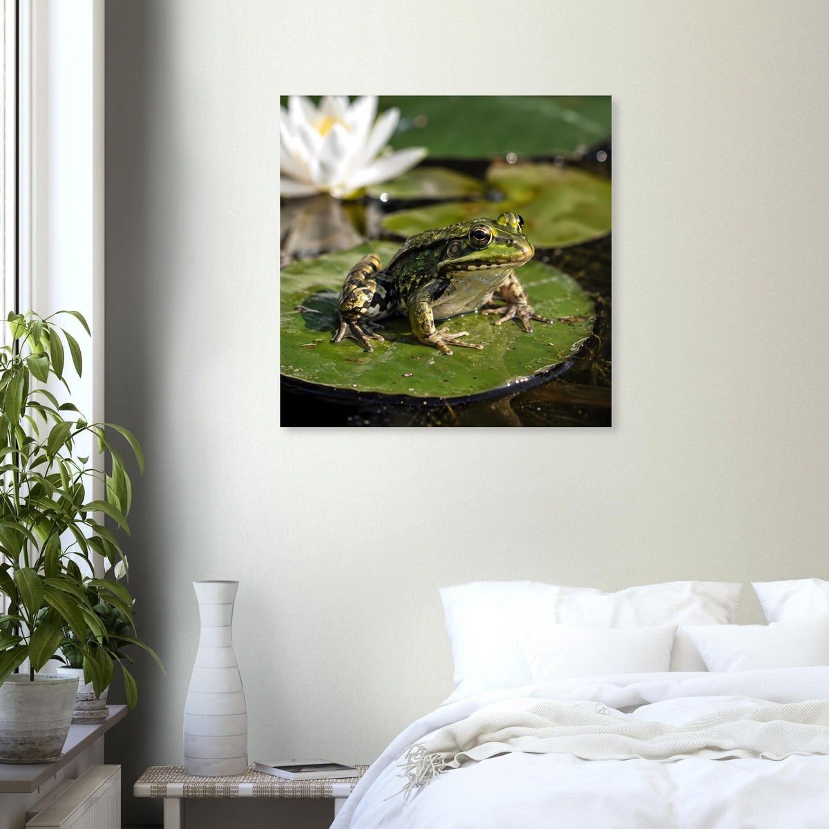 Poster mit sitzendem Frosch auf Seerosenblatt, weiße Blüte im Bildhintergrund