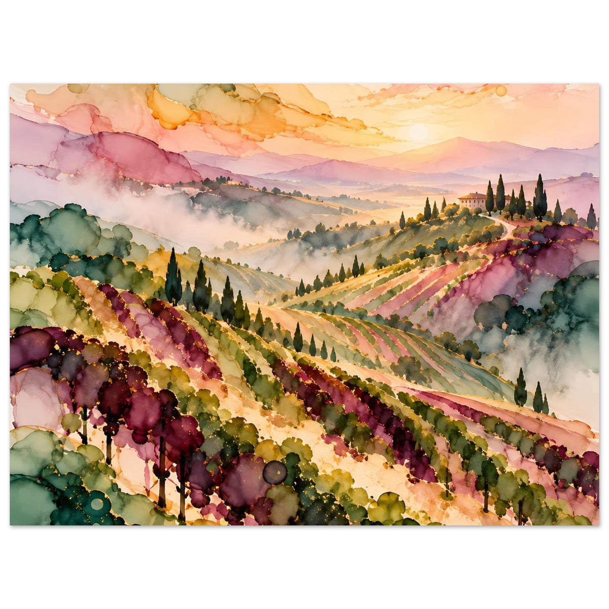 Breites Landschaftsposter mit Weinbergen im Aquarell: Reihenspuren, Nebel und Gebäude im Hintergrund