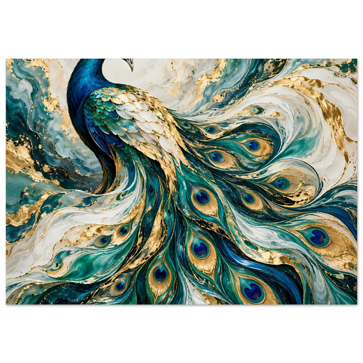 Pfau-Kunstposter im Querformat mit blauem Pfauenkopf, Federwirbeln in Petrol und Gold