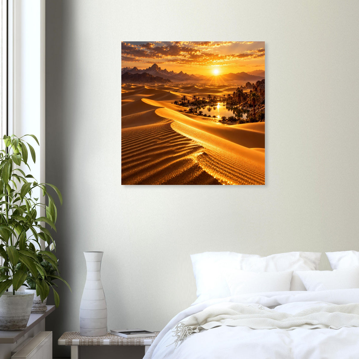Quadratisches Poster mit goldenem Sonnenuntergang über Sanddünen und Fluss im Licht