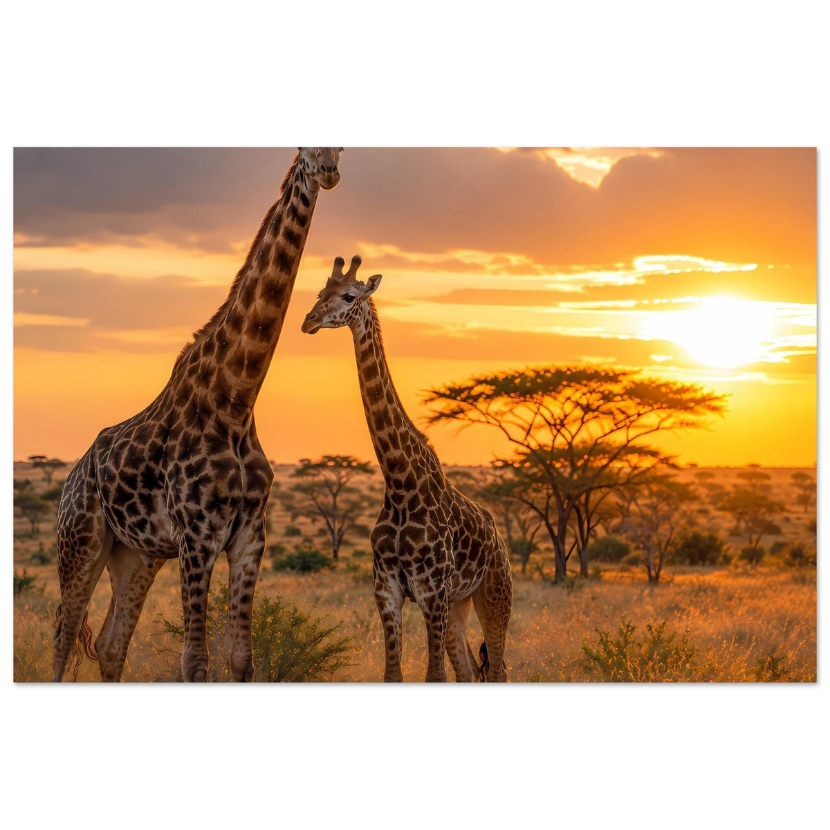 Poster mit drei Giraffen im Sonnenuntergang, Vordergrund mit hohem Gras