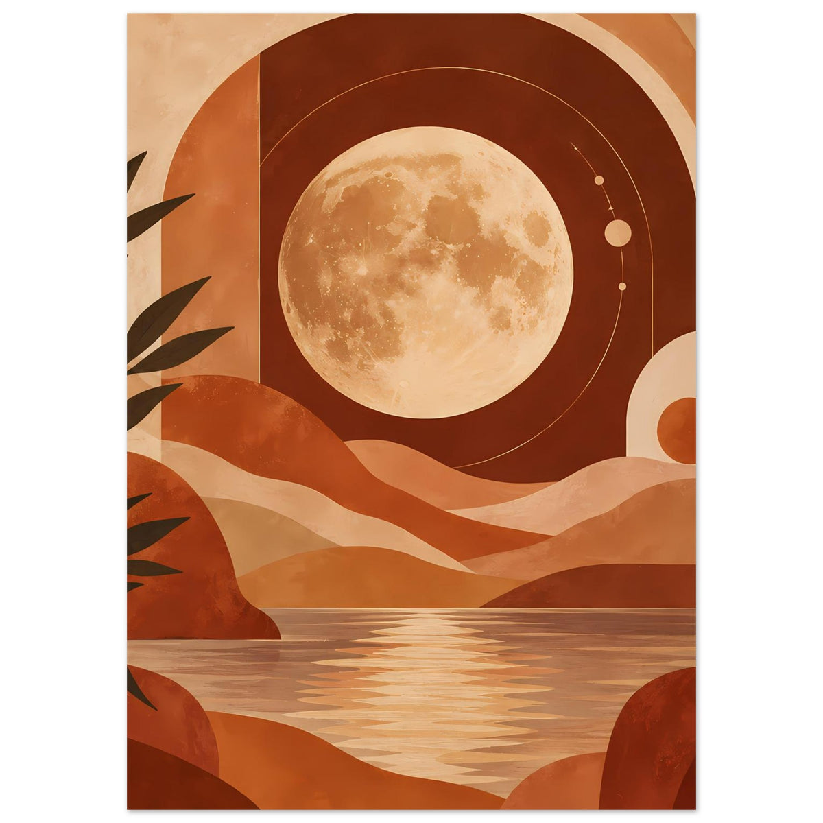 Poster mit Vollmond, Wüstenlandschaft, Bögen im Hintergrund und warmen Terrakottafarben