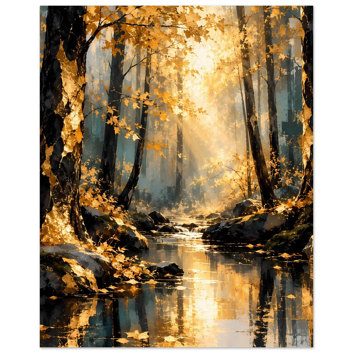 Herbstwald-Poster, vertikal: goldene Lichtbahn, Bäume und Wasserlauf mit Reflexion
