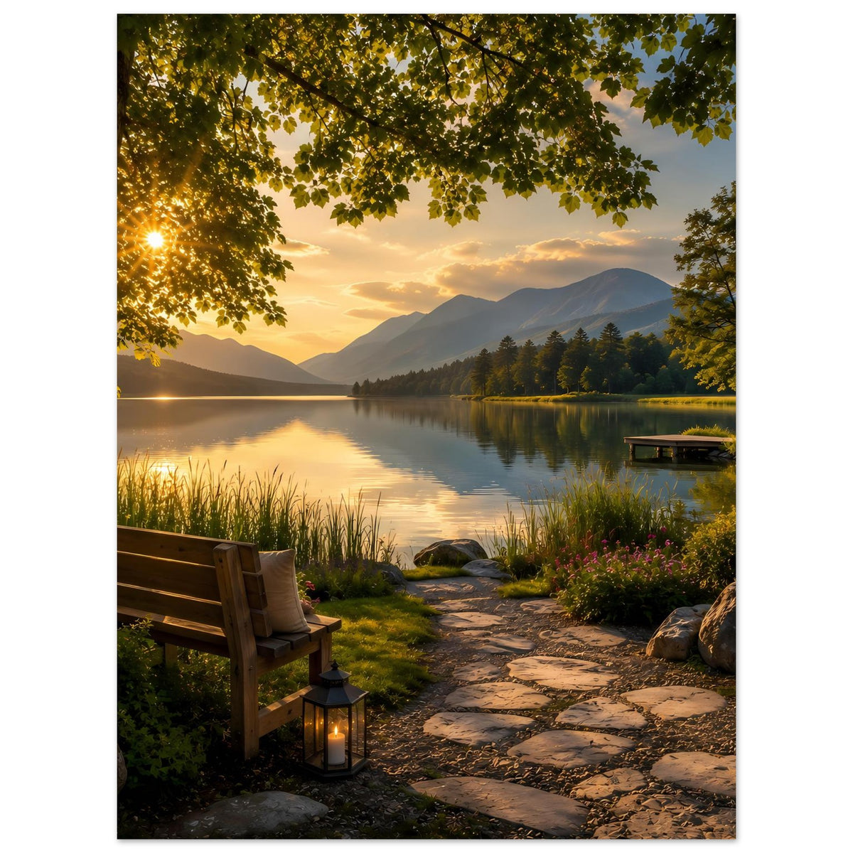 Landschafts-Poster mit ruhigem See bei Sonnenuntergang, Sitzbank links, Laterne am Weg