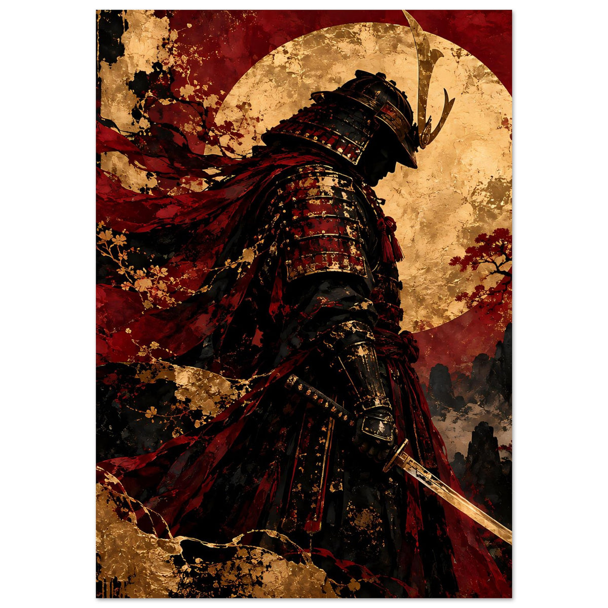 Japan-Poster Hochformat: Samurai-Krieger mit dunkler Rüstung und rotem Umhang, Katana