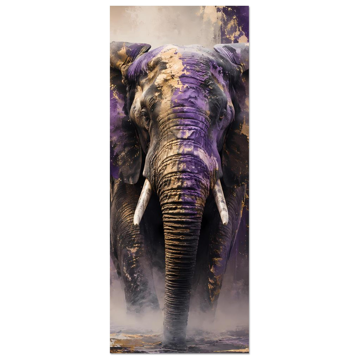 Schmales Elefantenposter mit violettem Kopf und Rüssel, goldene Farbakzente im Motiv