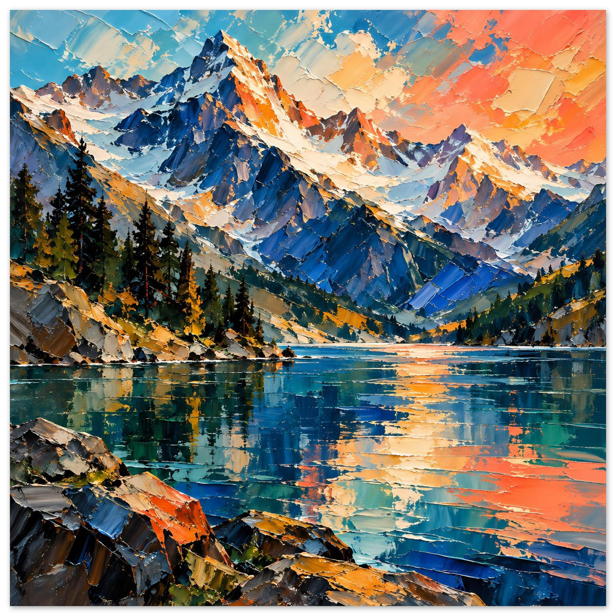 Horizontales Poster mit leuchtenden Bergen, bewaldetem Ufer und See-Reflexionen