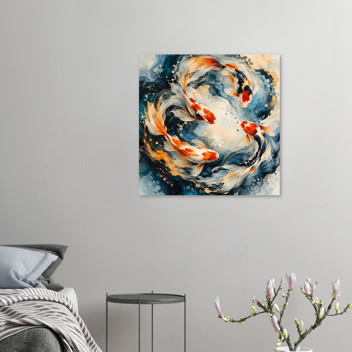 Kleines Koi-Fisch-Poster mit Wasserwirbel, Blau und Orange, quadratisches Motiv