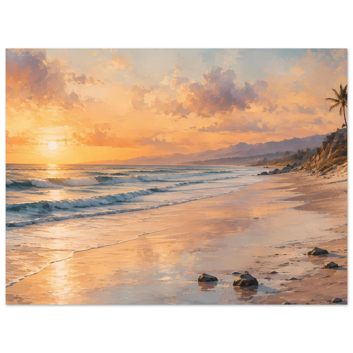 Strandposter auf mattem Papier, horizontal: Sonnenuntergangslicht auf dem Sand und Wasser.