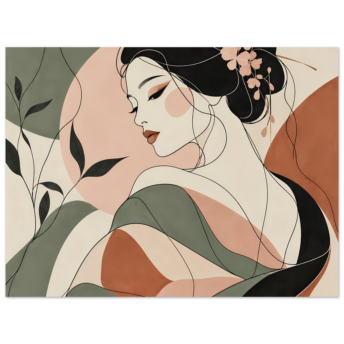 Nahansicht Zen-Poster: Geisha im Profil, schwarzes Haar mit rosa Blüten, grünes Gewand