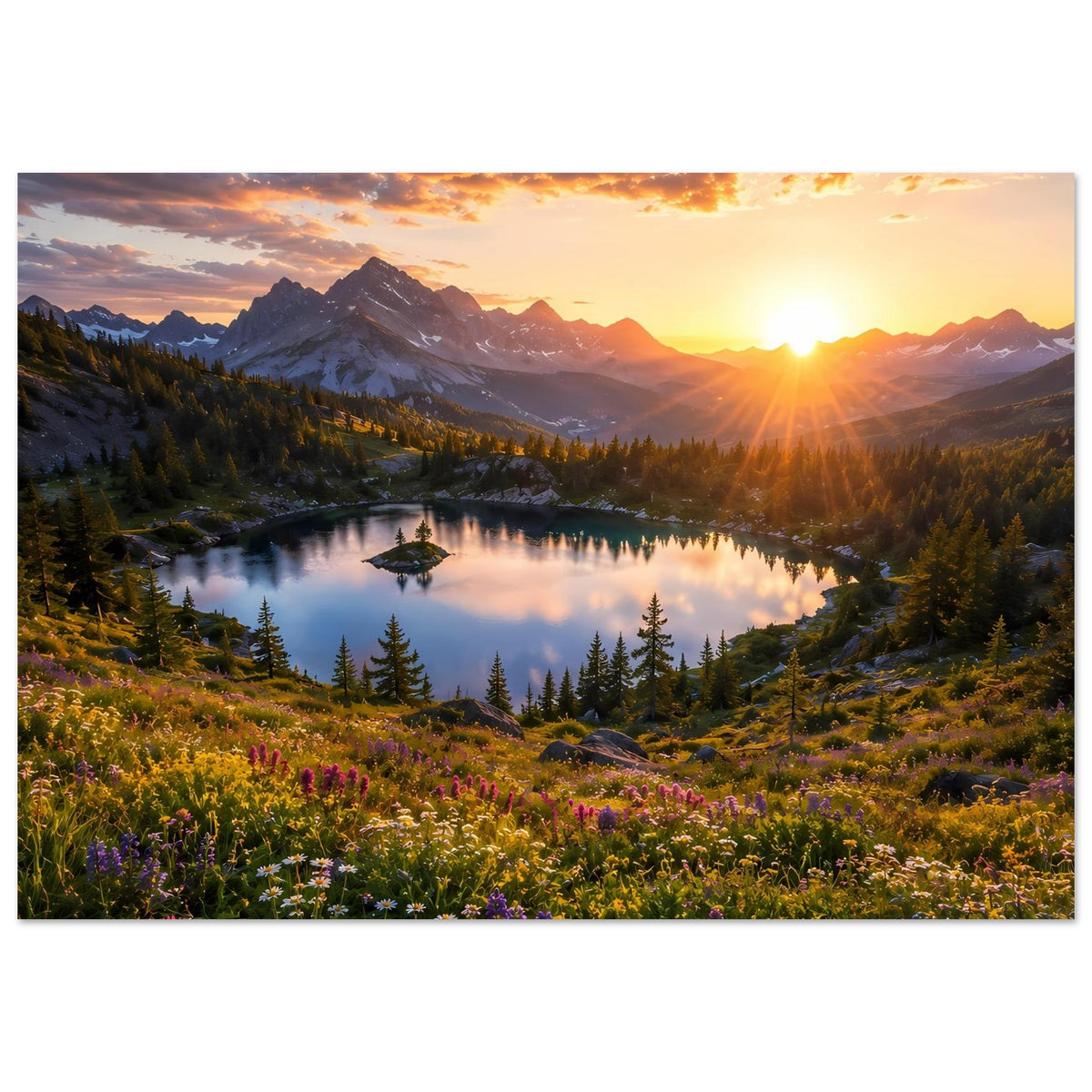 Poster mit Bergsee im Sonnenuntergang, umgeben von Tannen und bunten Wiesenblumen.