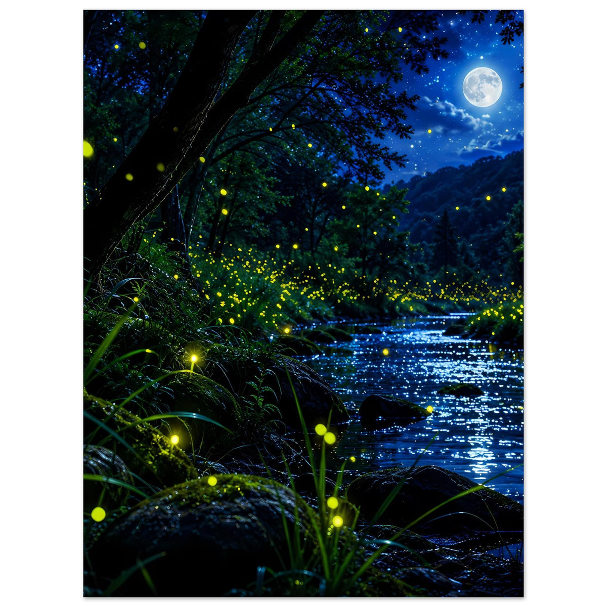 Hochformat-Poster: Flusslandschaft bei Nacht mit Mondlicht und vielen gelben Glühwürmchen