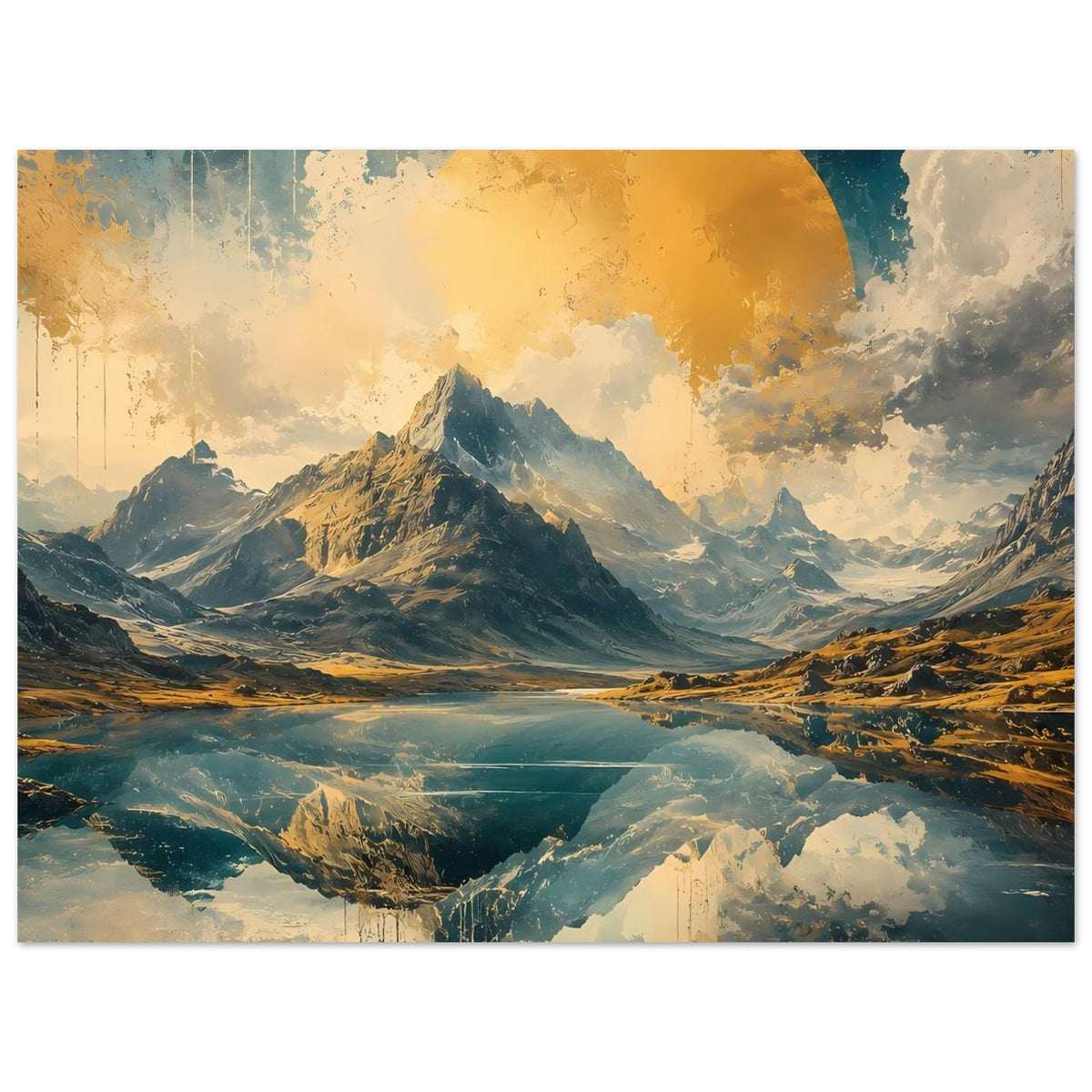Poster mit Berglandschaft und Spiegelung im Tal, Blau- und Goldtöne, Querformat
