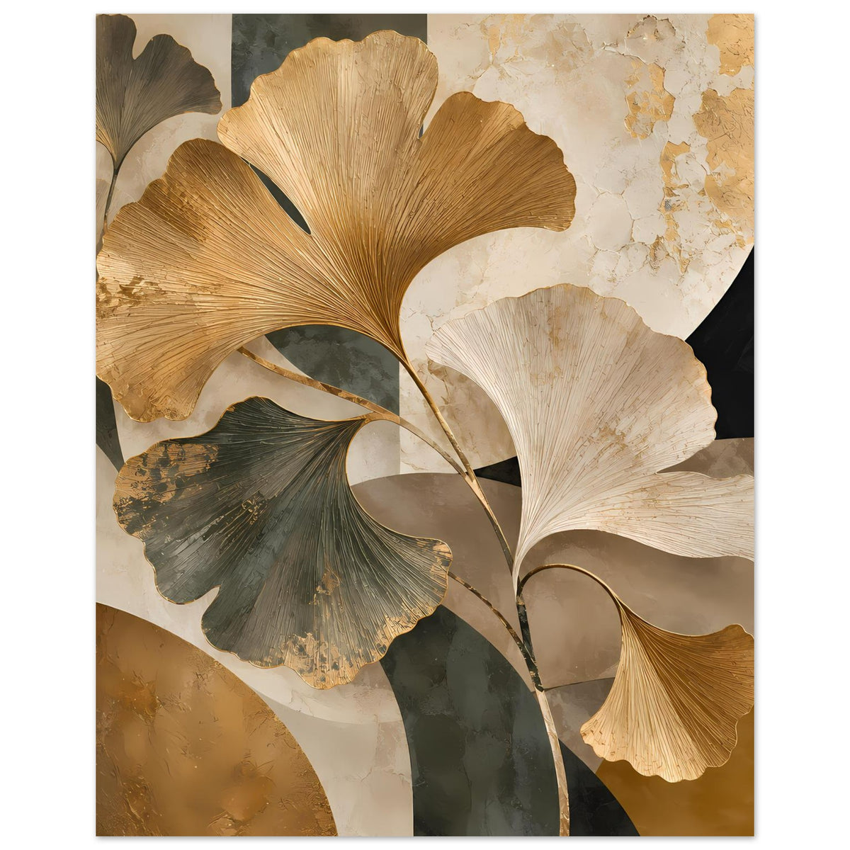 Botanisches Poster: Ginkgo-Blätter, goldene, cremefarbene und dunkelgrüne Blattmotive