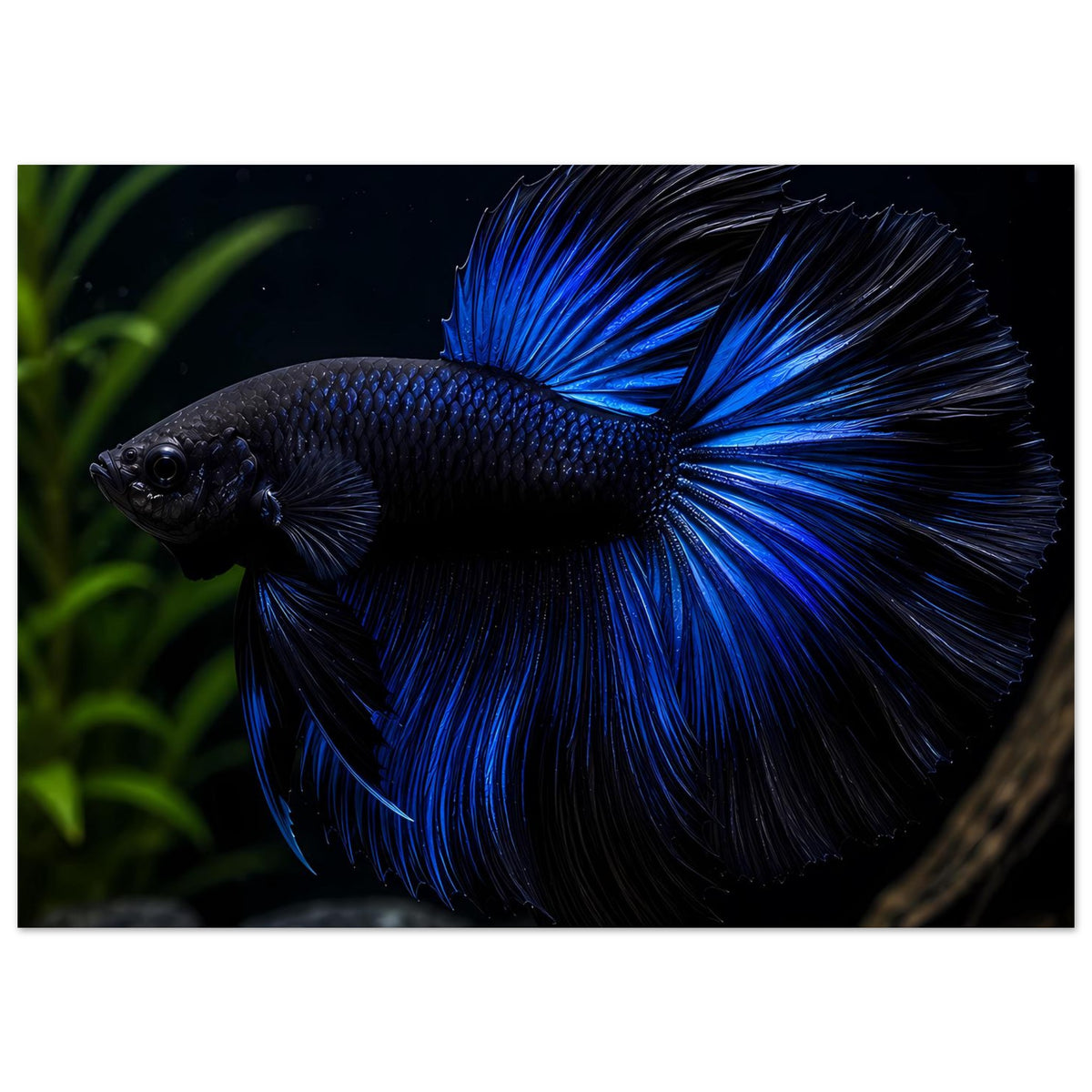 Poster mit blauem Kampffisch (Betta) im Profil, kräftige Blau-Töne in den Flossen