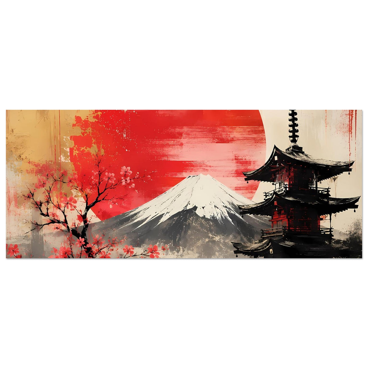 Poster mit Fuji, roter Sonne, Pagode und Kirschblüten im roten und beigen Farbstil