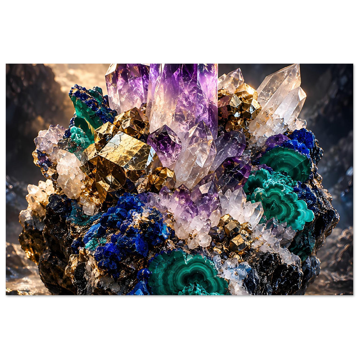 Kristallposter im Querformat mit funkelnden violetten, grünen und goldfarbenen Kristallen