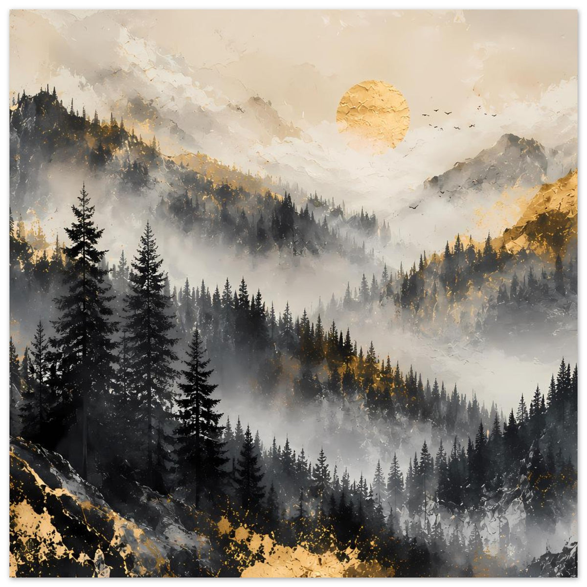 Poster mit Bergkamm, Nebelschwaden, Tannenwald und goldenen Lichtern