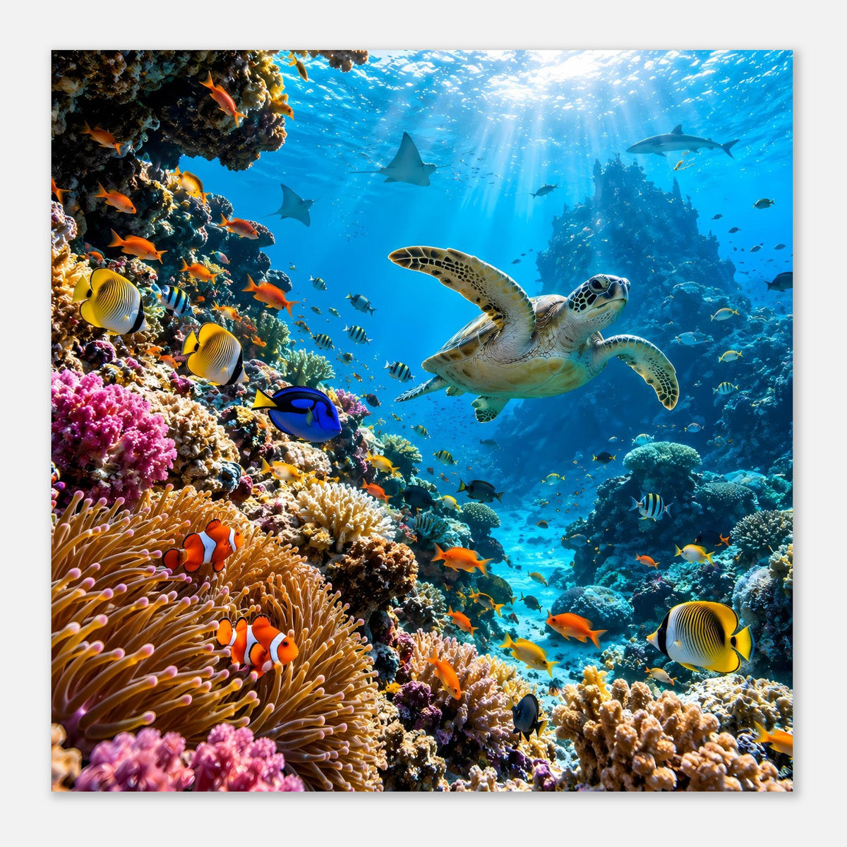 Poster Unterwasser-Korallen mit Meeresschildkröte, gelben Fischen und orangefarbenen Anemonen
