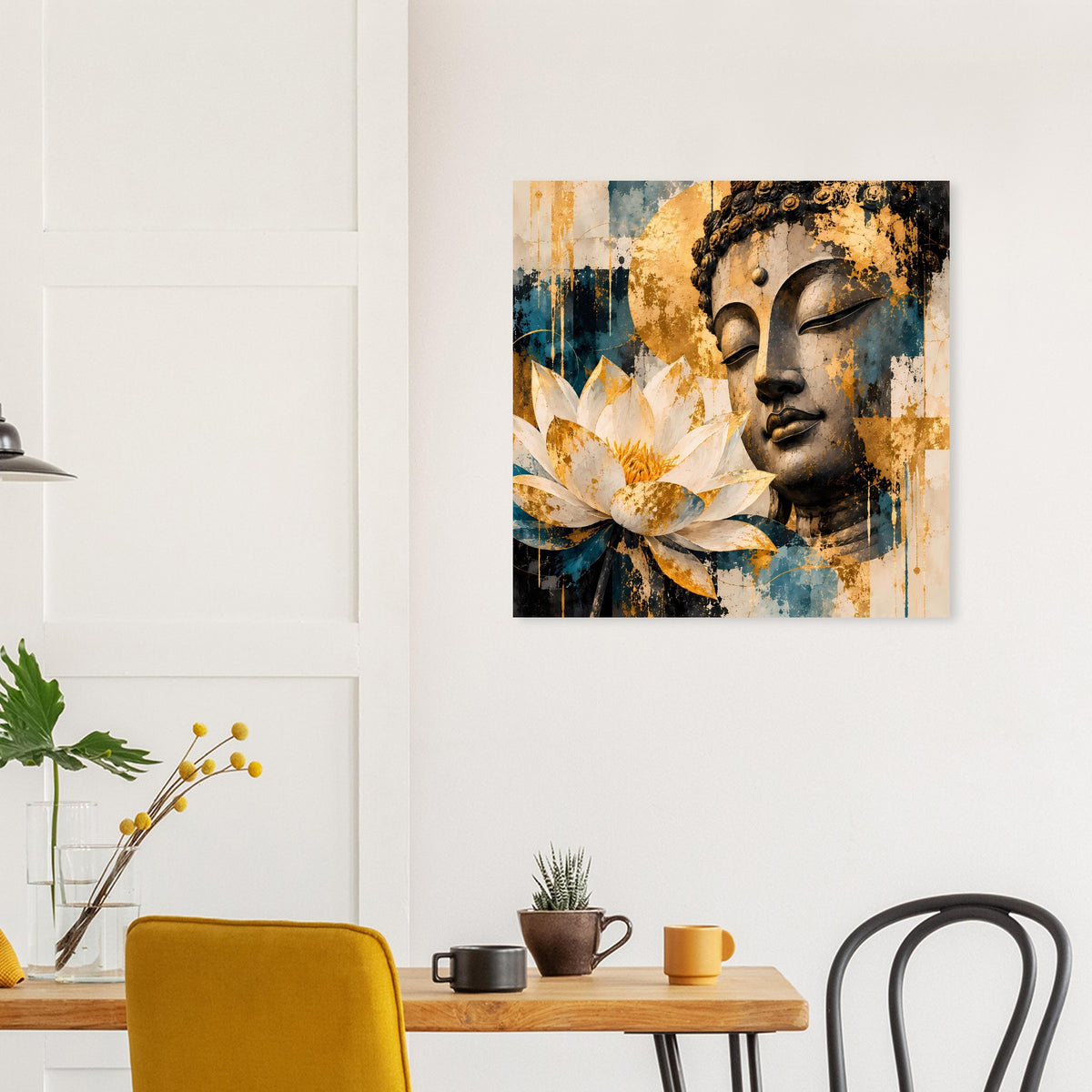 Quadratischer Buddha-und-Lotus-Print in reichen Gold- und Türkistönen