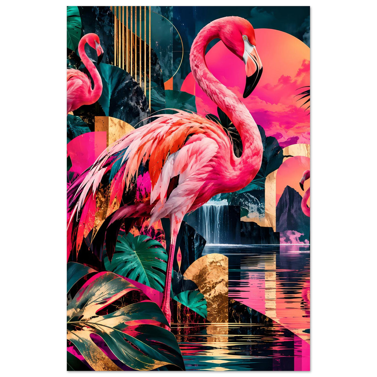 Hochformat-Poster mit rosa Flamingos, Palmenblättern und reflektierendem Wasser
