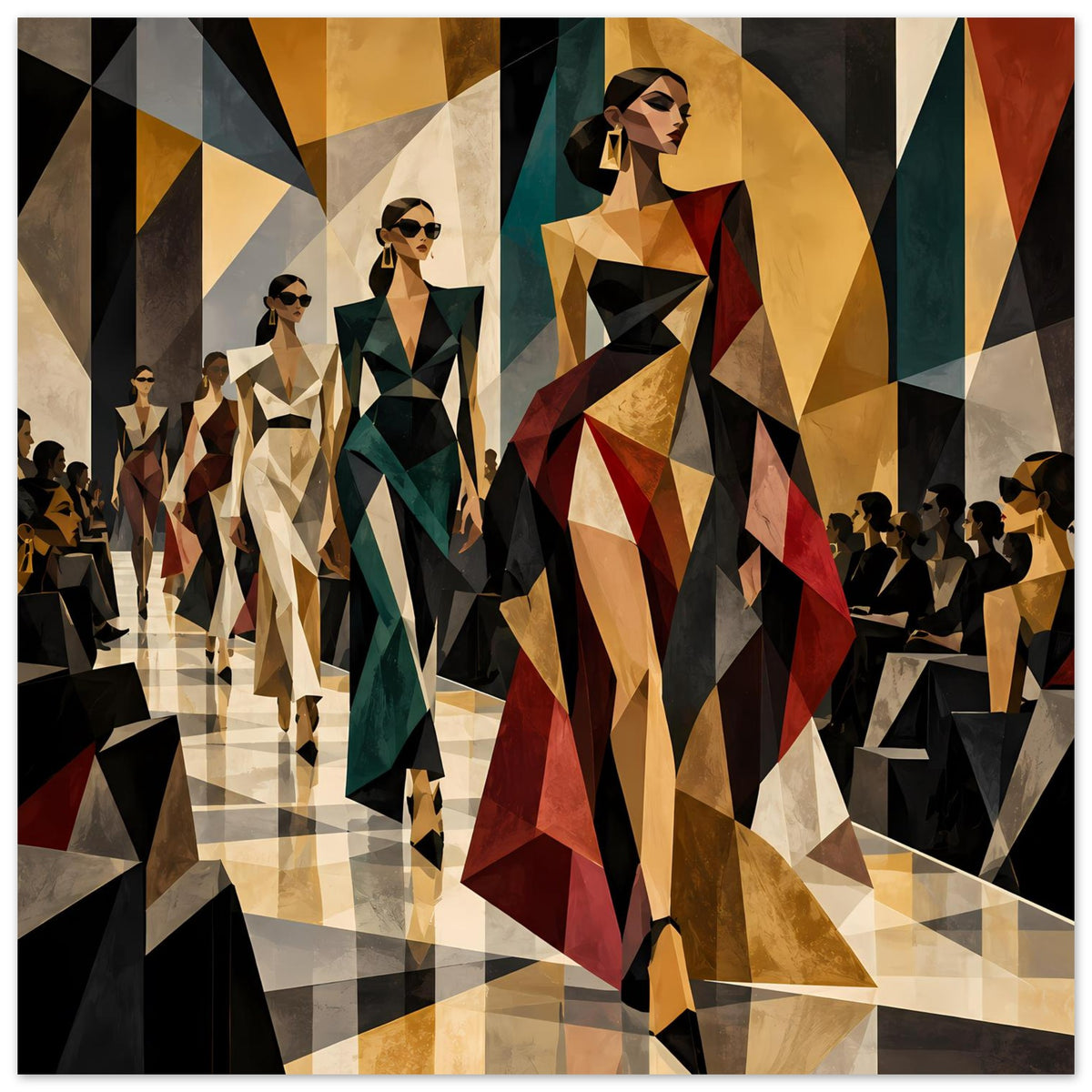 Modeposter mit stilisierten Laufstegmodellen, geometrische Flächen in Schwarz, Gold und Rot