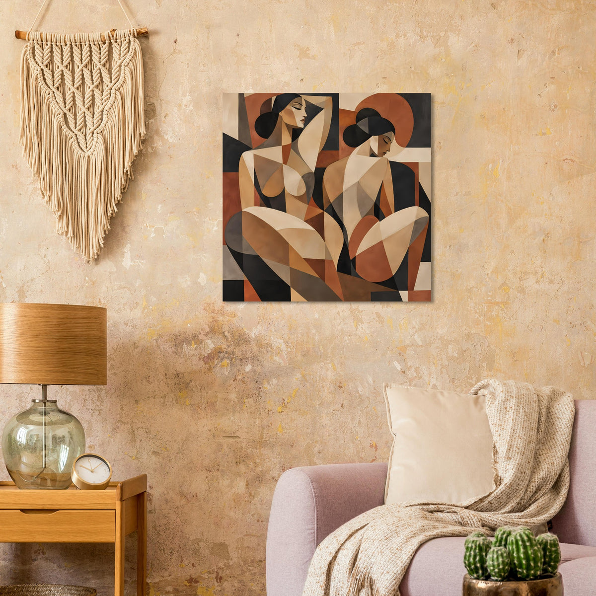 Kunstposter mit abstrakten Frauenfiguren in erdigen Terrakotta-, Beige- und Schwarztönen.