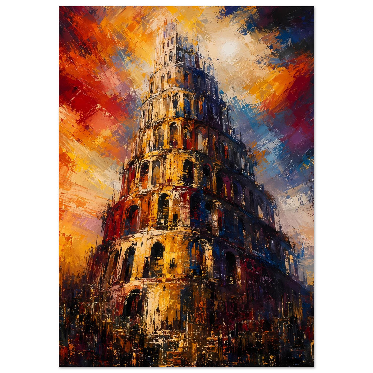 Wandposter Turm von Babel, abstraktes Farbenspiel in Orange, Blau und Gelb, vertikal