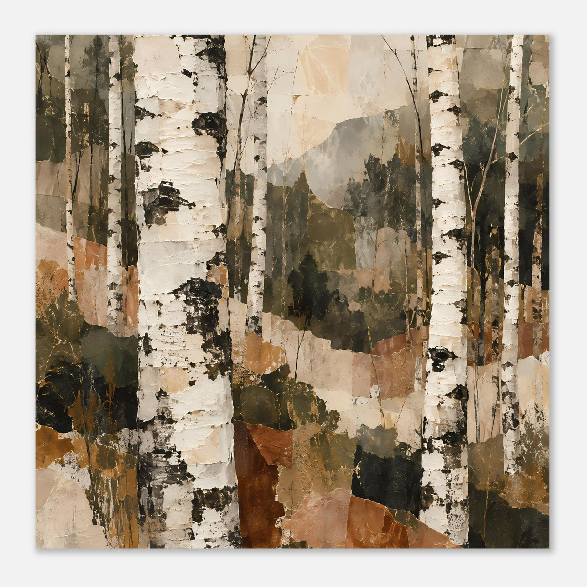 Wandposter, näherer Ausschnitt Birkenwald, abstrakte Baumstämme in Beige und Grün