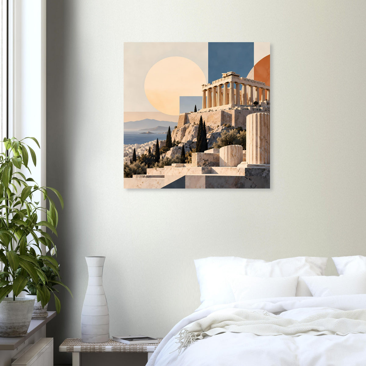 Quadratisches Wandposter mit Parthenon, warmes Farbschema und Kreisornament