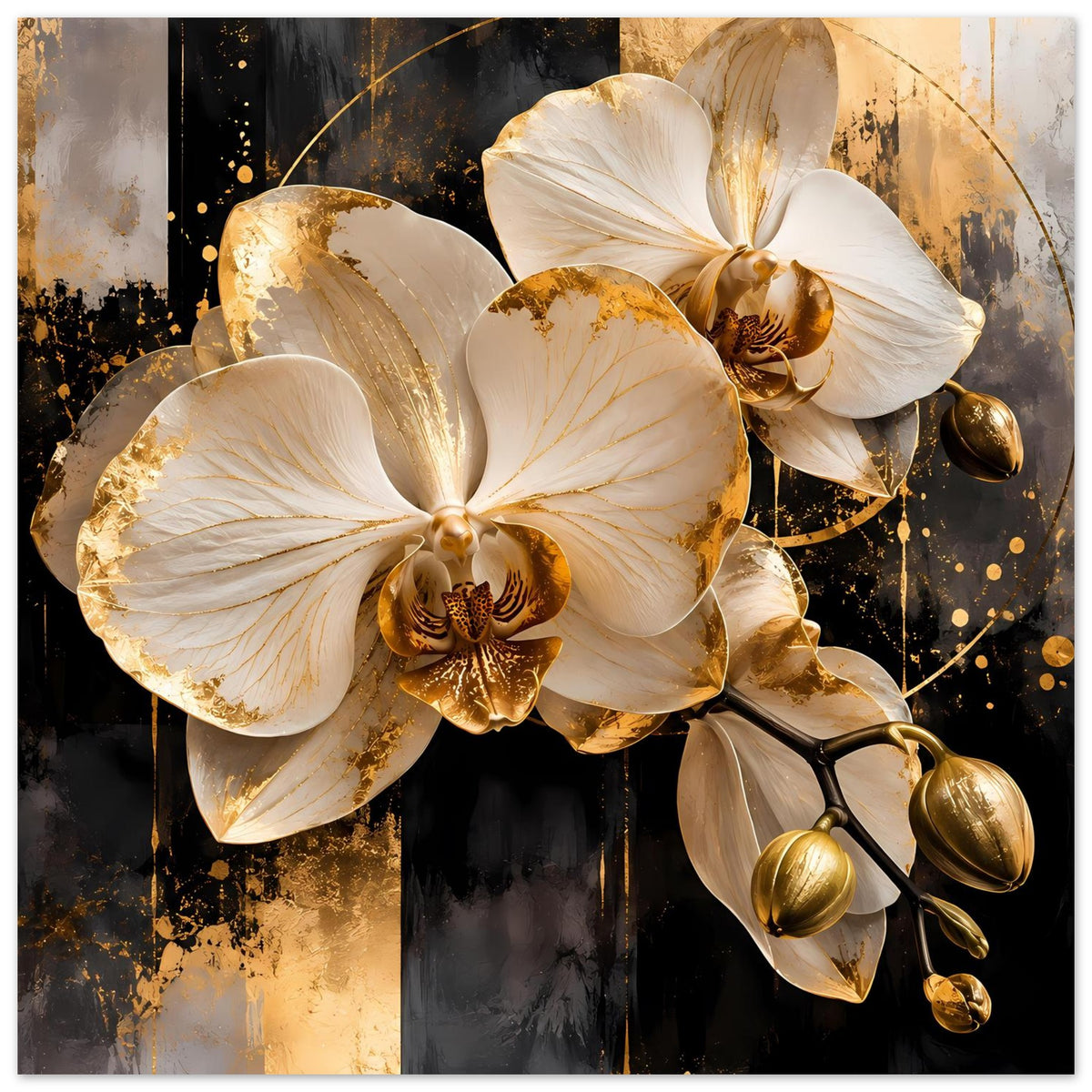 Orchideenposter mit weißen Orchideenblüten, goldfarbenen Blütenkelchen und goldenen Dekokugeln