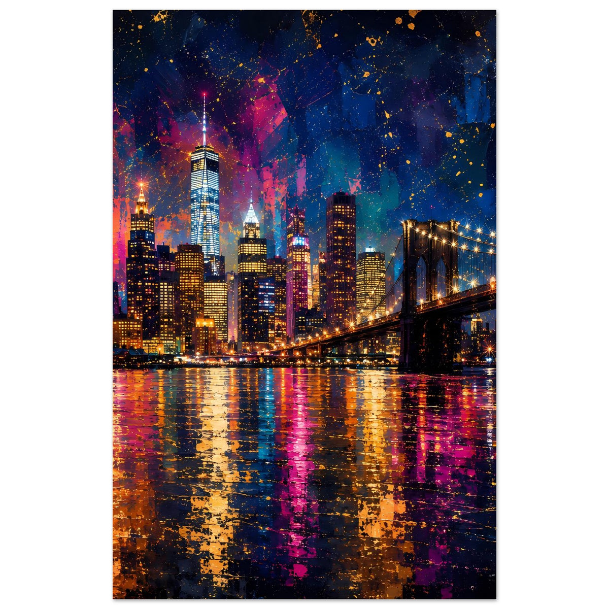 Abstraktes Stadtposter, Hochformat: Skyline bei Nacht, Hängebrücke mit Lichterkette und Reflexionen