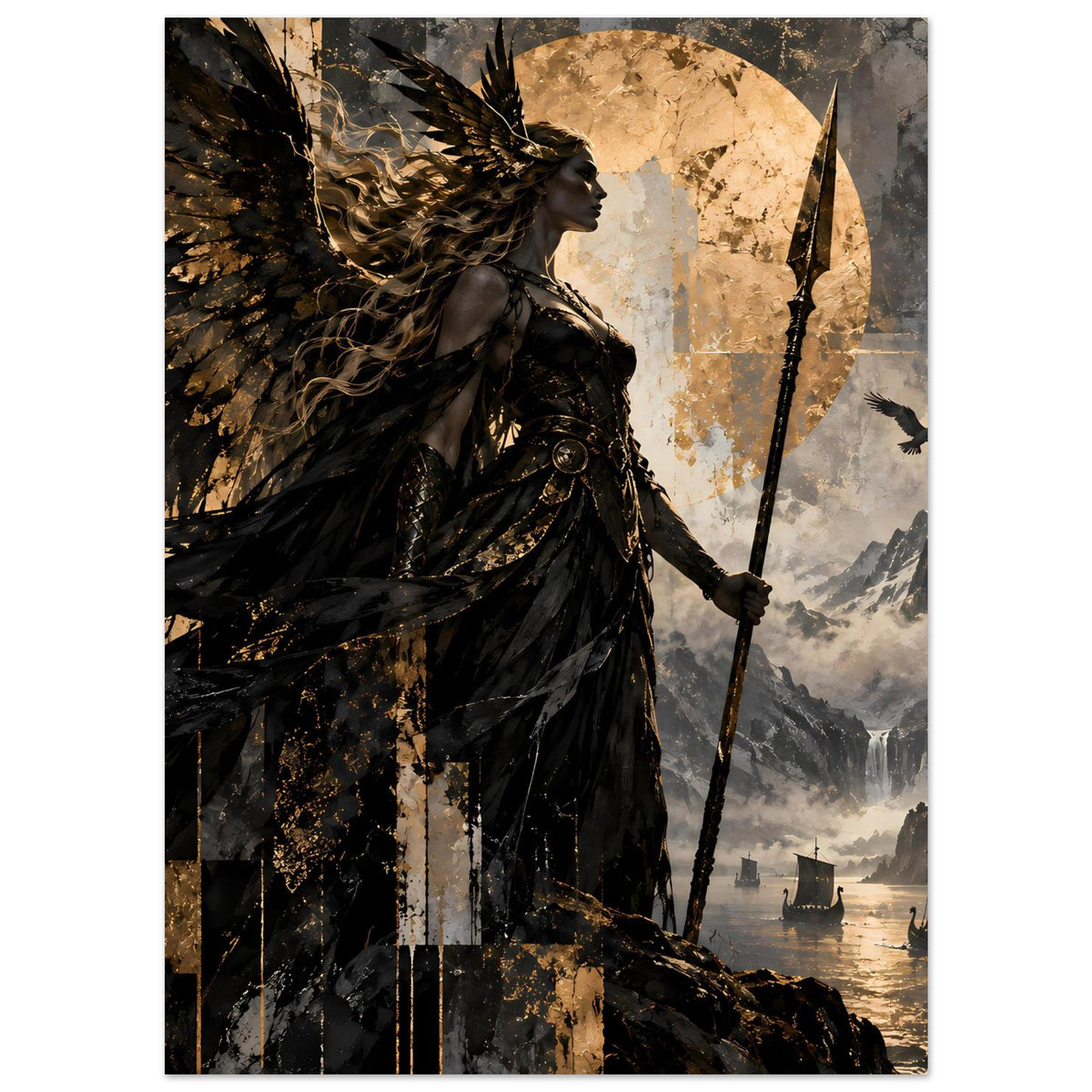 Kunstposter mit Walküre in Schwarz und Gold, detailreiche Flügel, Speer vor Halbmond