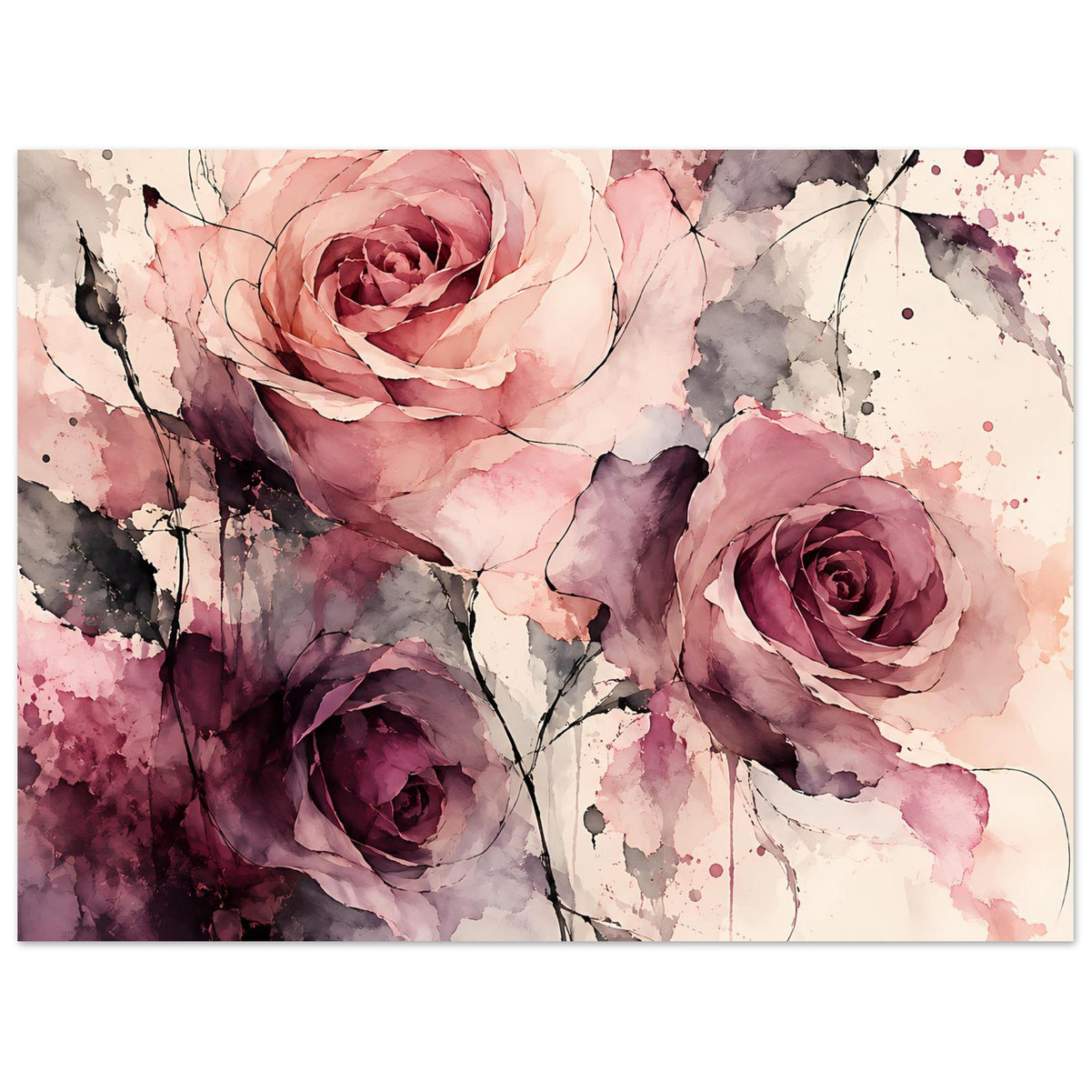 Wasserfarben-Rosenposter im Querformat: drei Rosen in Rosa und Violett, Äste und Farbspritzer