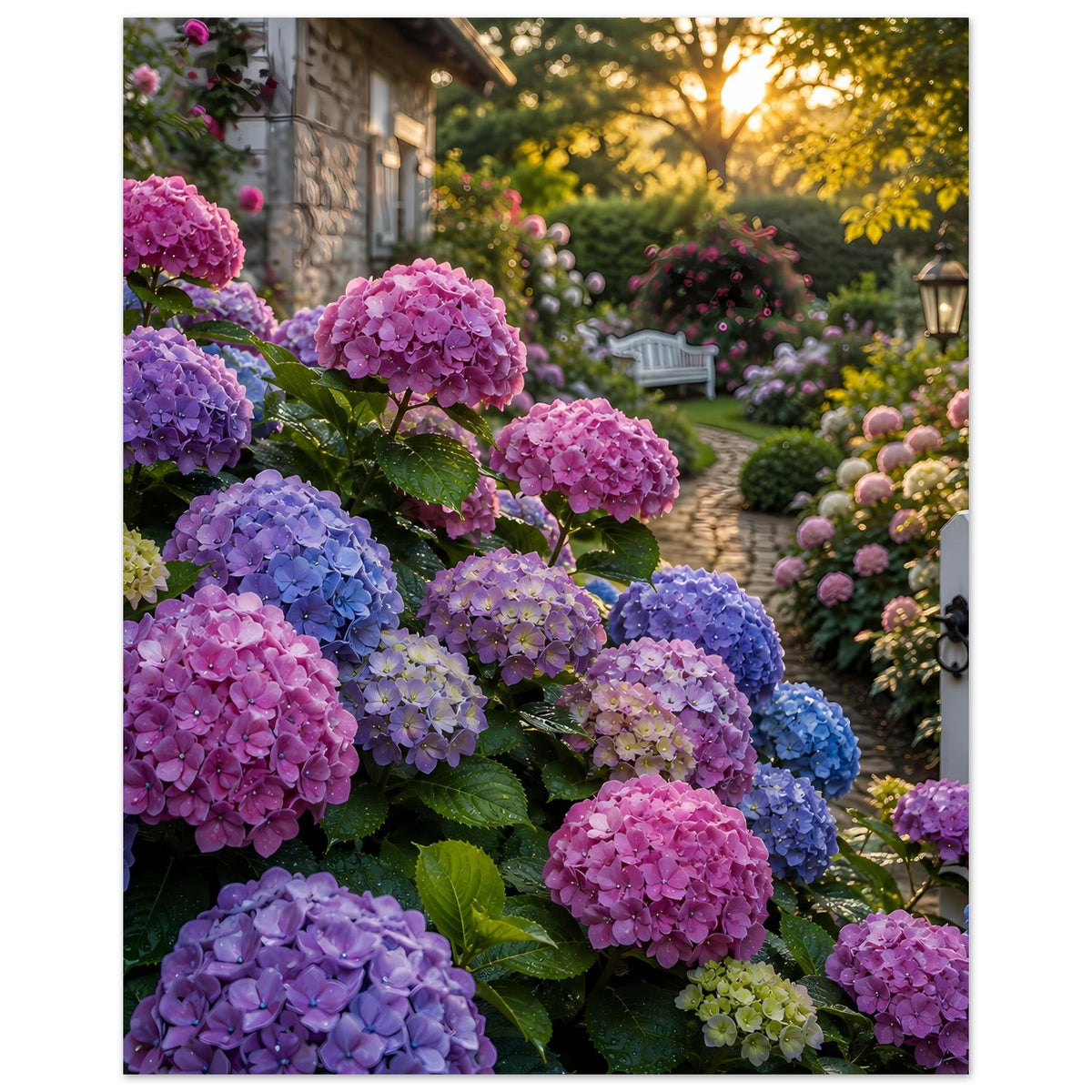 Gartenposter mit Hortensienblüten in Rosa, Violett und Blau, seitlich am Geländer