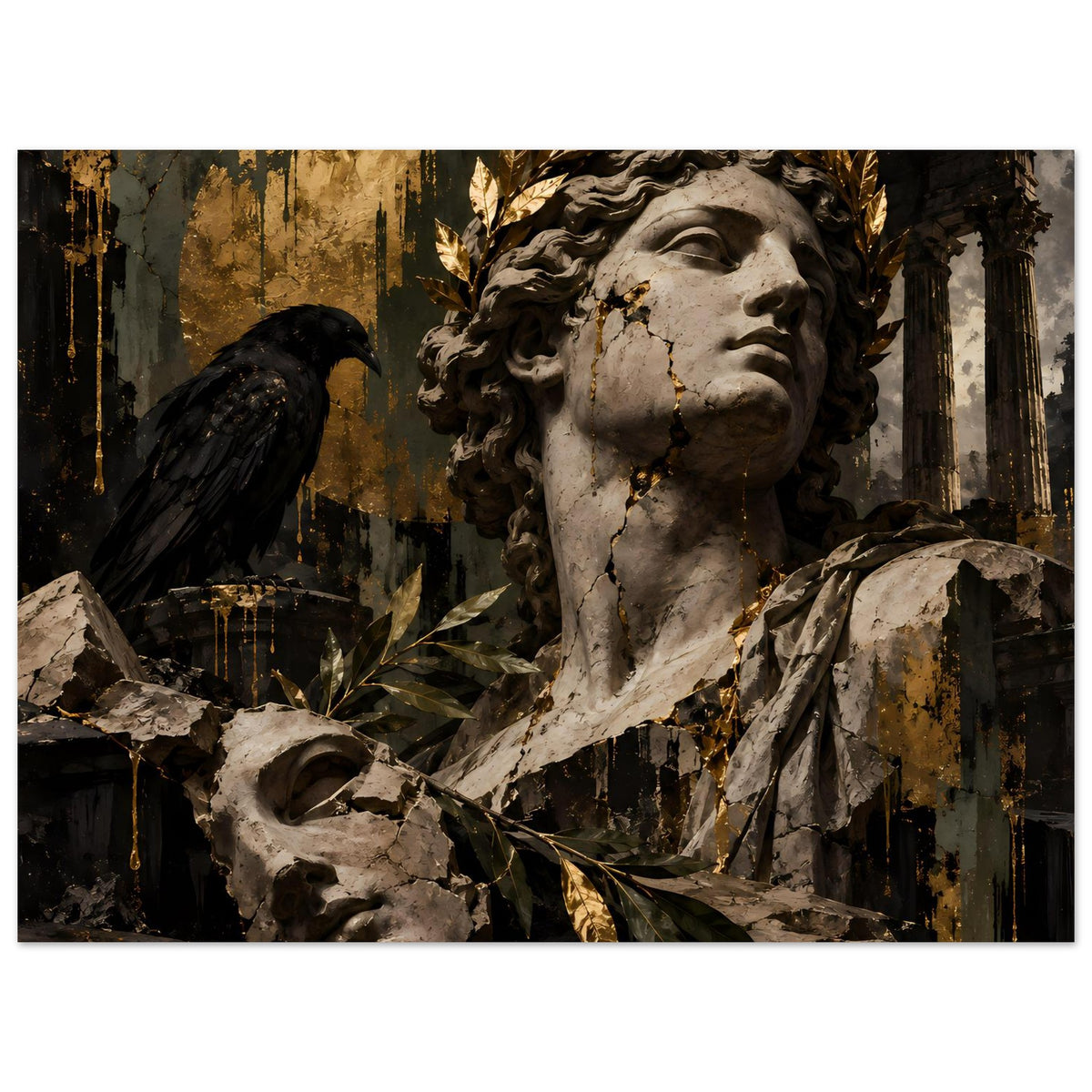 Barockes Poster im Querformat: Frauenskulptur mit Goldlaub, schwarzer Vogel