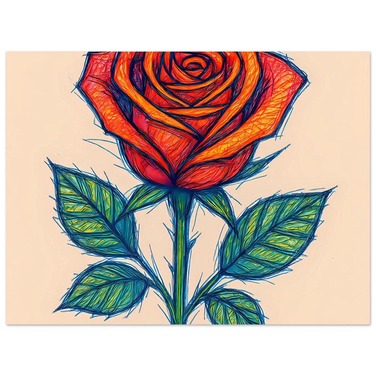 Hochkant-Rosenposter mit Nahansicht der roten Rose und grünem Laub