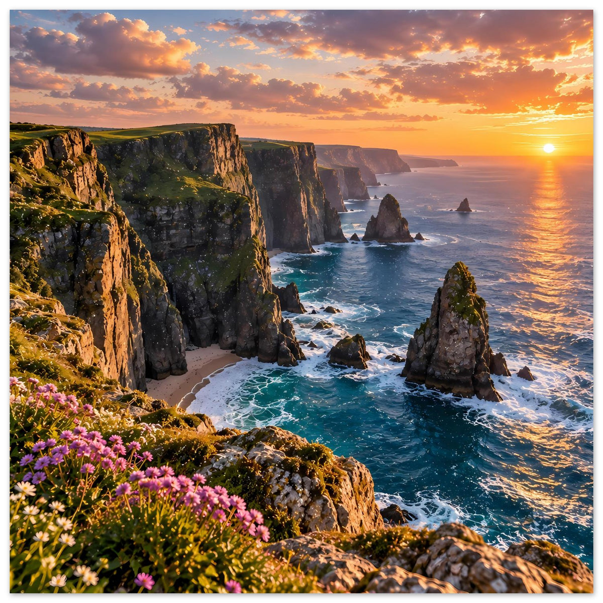 Poster mit Felsküste, Meer und Sonnenuntergang, im Vordergrund pinke Blüten auf Steinen