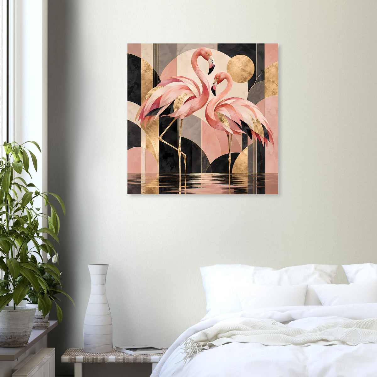 Quadratisches Poster mit Flamingo-Porträt in Pastellrosa, goldene Details