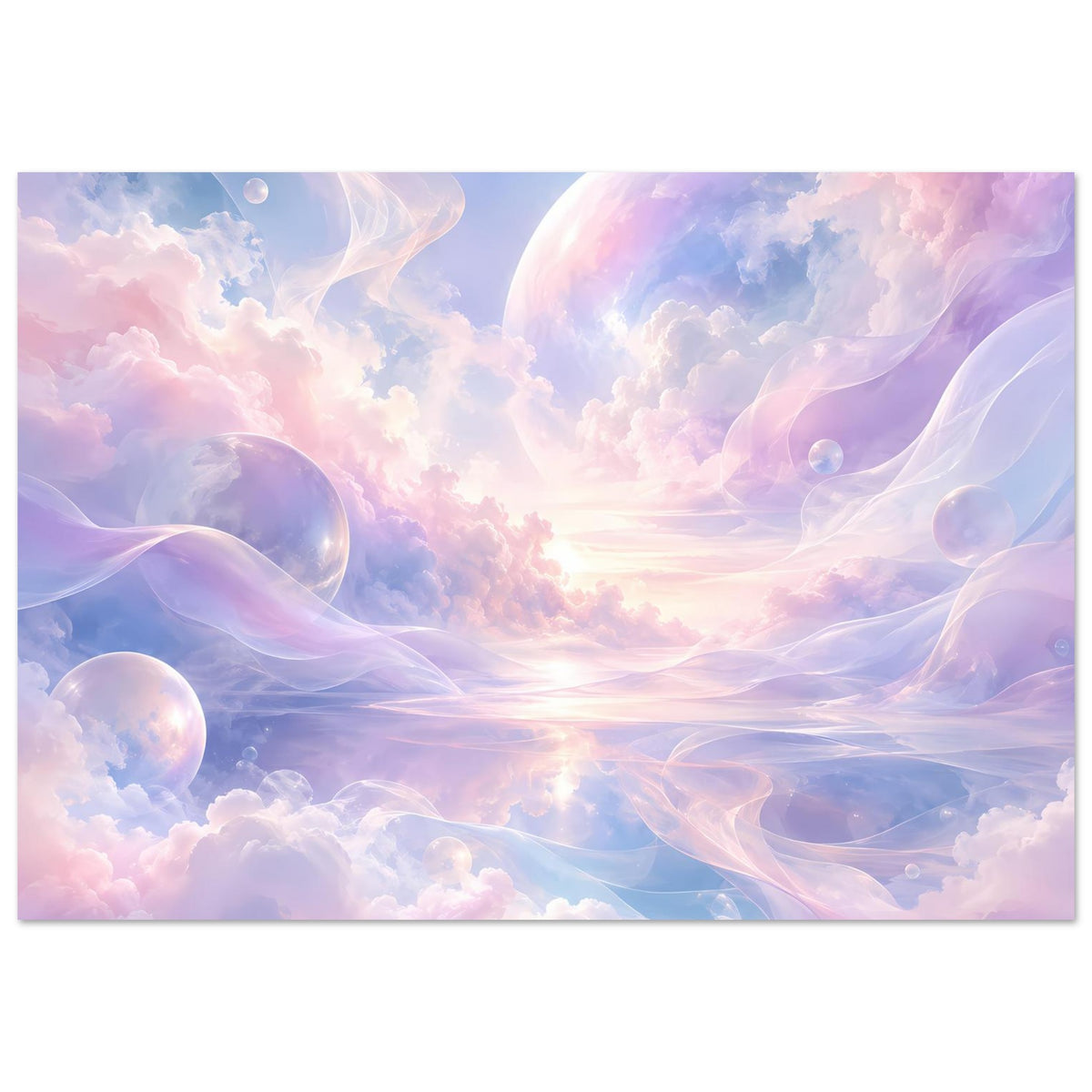 Breitformat-Poster mit Pastellwolken, planetenartigen Kugeln und leuchtendem Zentrum
