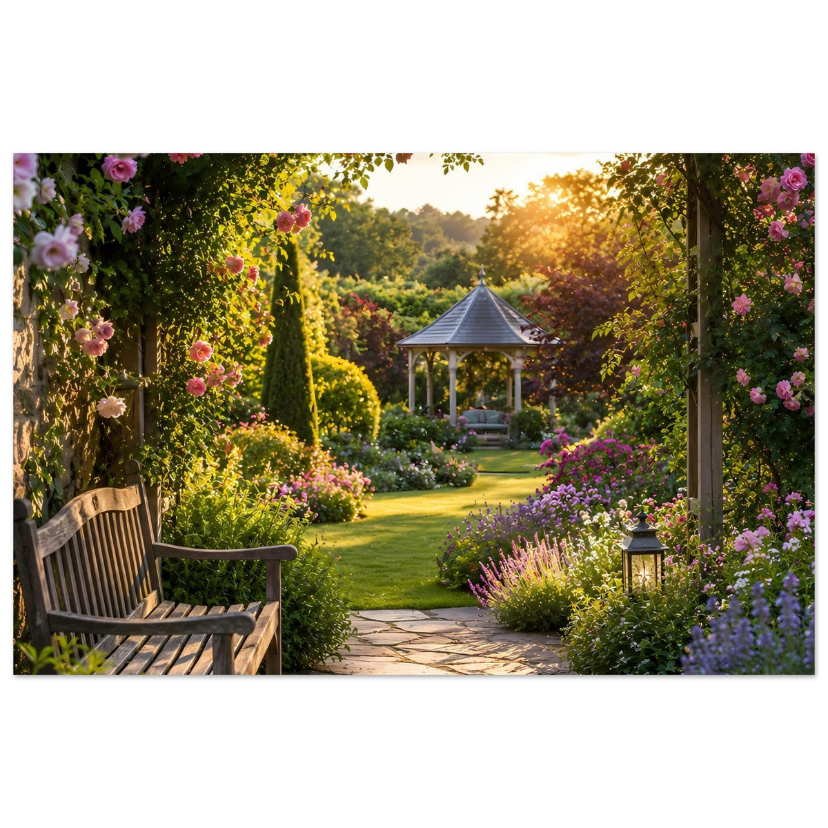 Naturposter mit Gartenweg, Holzbank links, Blumenbeeten und Pavillon im goldenen Licht