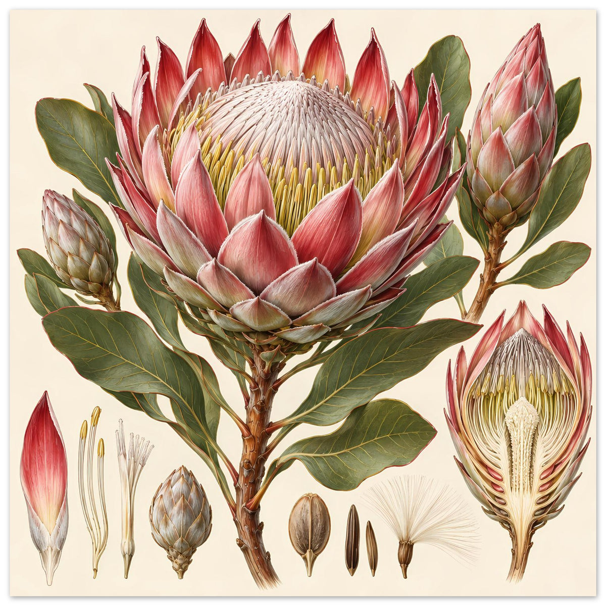 Poster mit botanischer Protea-Blütenillustration, rote Knospen und grüne Blätter auf mattem Papier