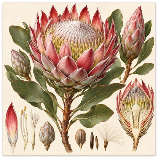 Poster mit botanischer Protea-Blütenillustration, rote Knospen und grüne Blätter auf mattem Papier