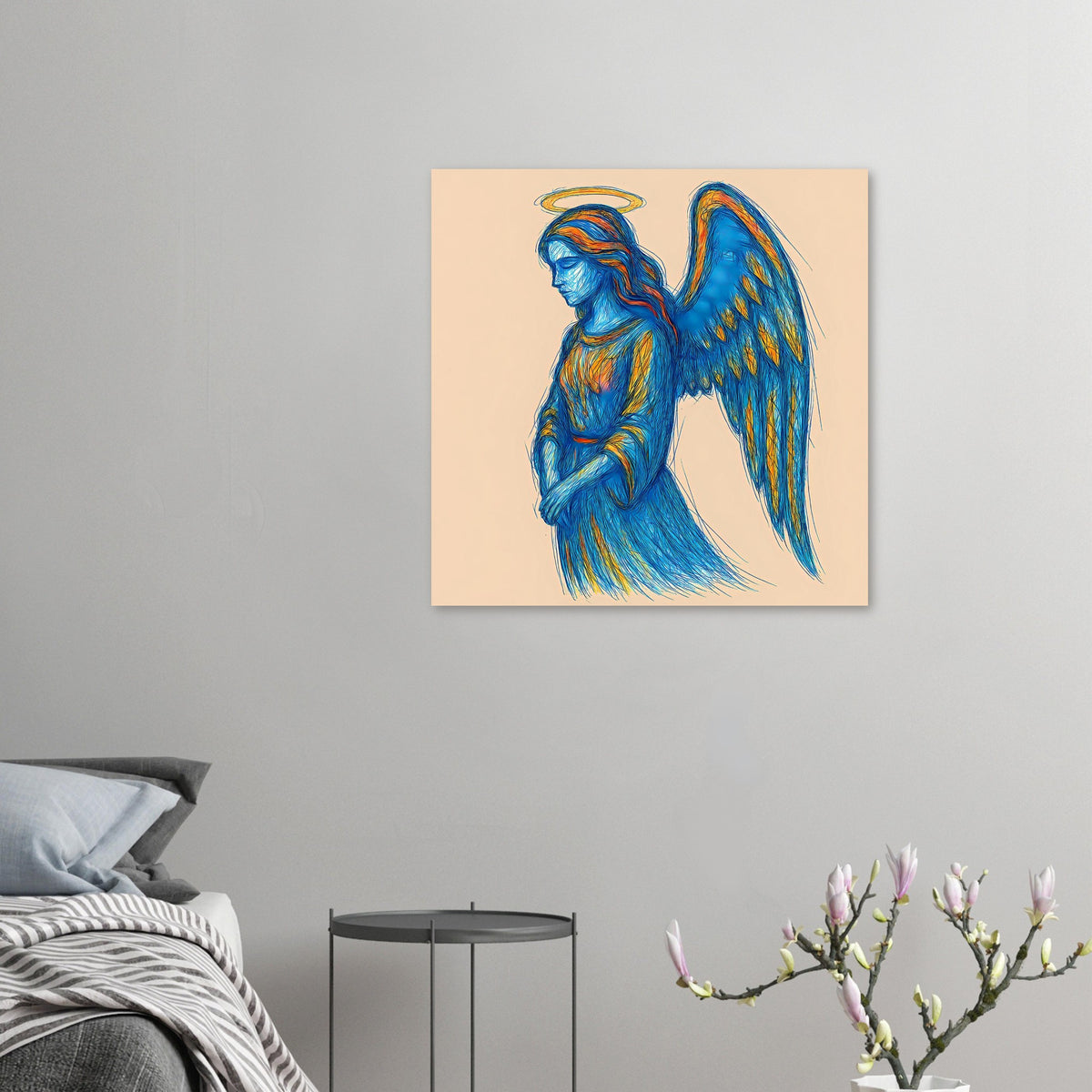 Kleines Poster: blauer Engel mit goldener Aureole und Flügeln, zentrierte Ganzfigur