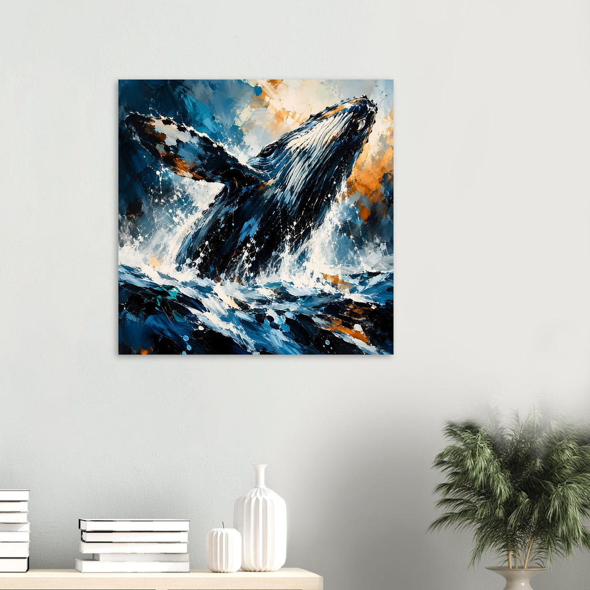 Walposter im Rahmen, Blauwal-Motiv mit Spritzwasser und bunten Flecken in Blau