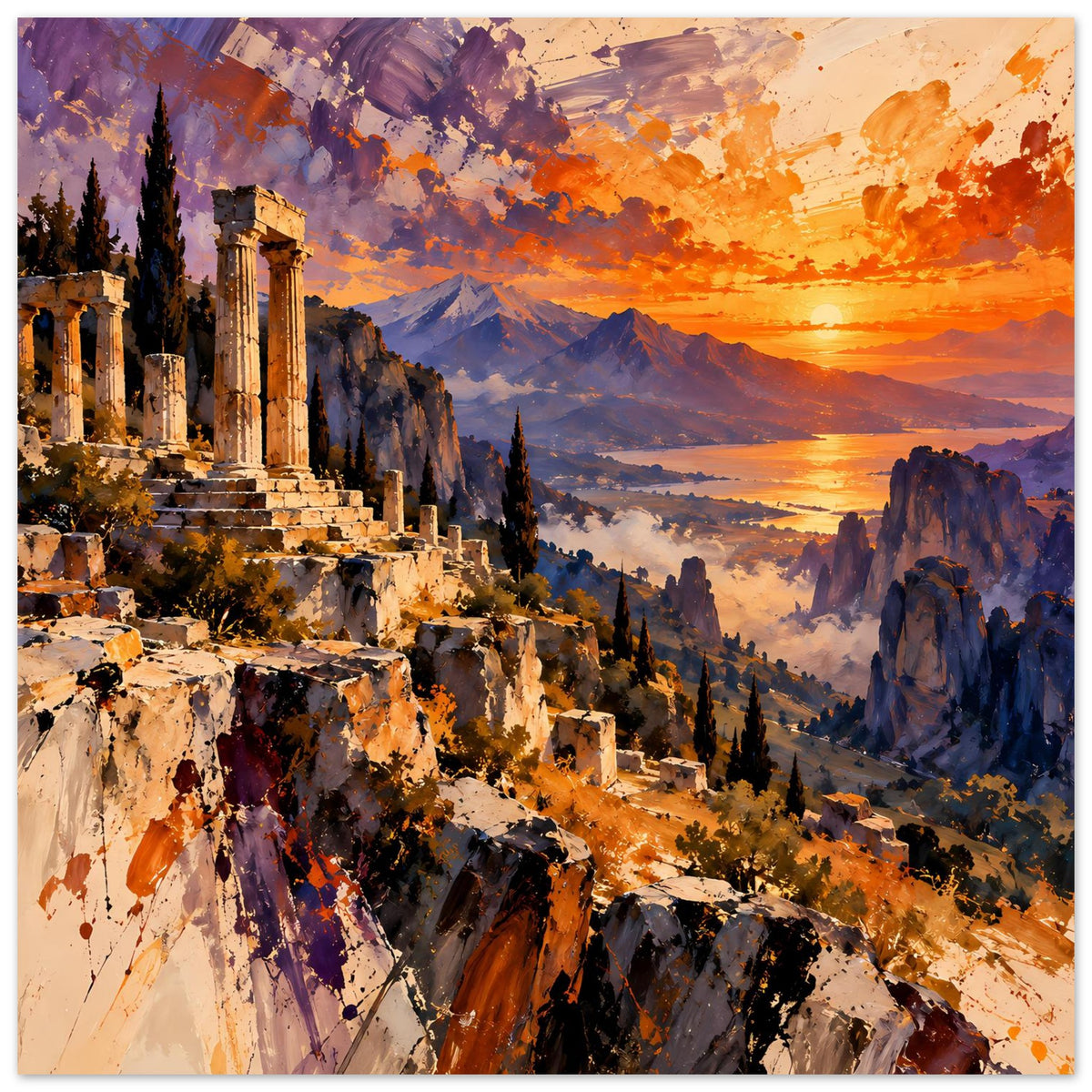 Vertikales mattes Poster mit Ruinenlandschaft, Sonnenuntergang und kontrastreichen Farbflecken